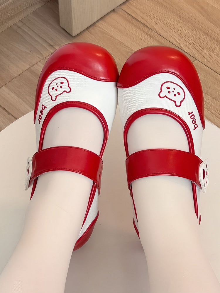 with Paw Bear Low Lolita Strap Heels Velcro Sweet Red