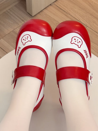 with Paw Bear Low Lolita Strap Heels Velcro Sweet Red