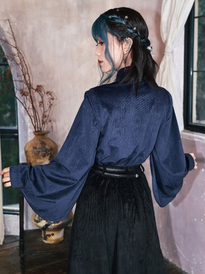 Sleeves Cheongsam - Collar Navy Blue Blouse Goth Mandarin Pipa
