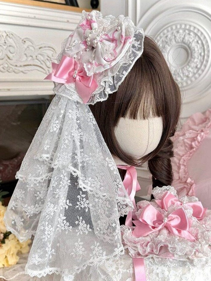 White Lace Lolita Head Veil with Pink Bow