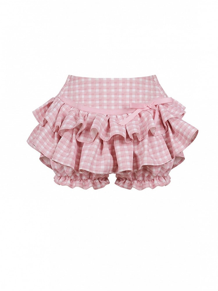 Pink Gingham Sweet Tiered Ruffle Skirt with Integrated Shorts - serendipity