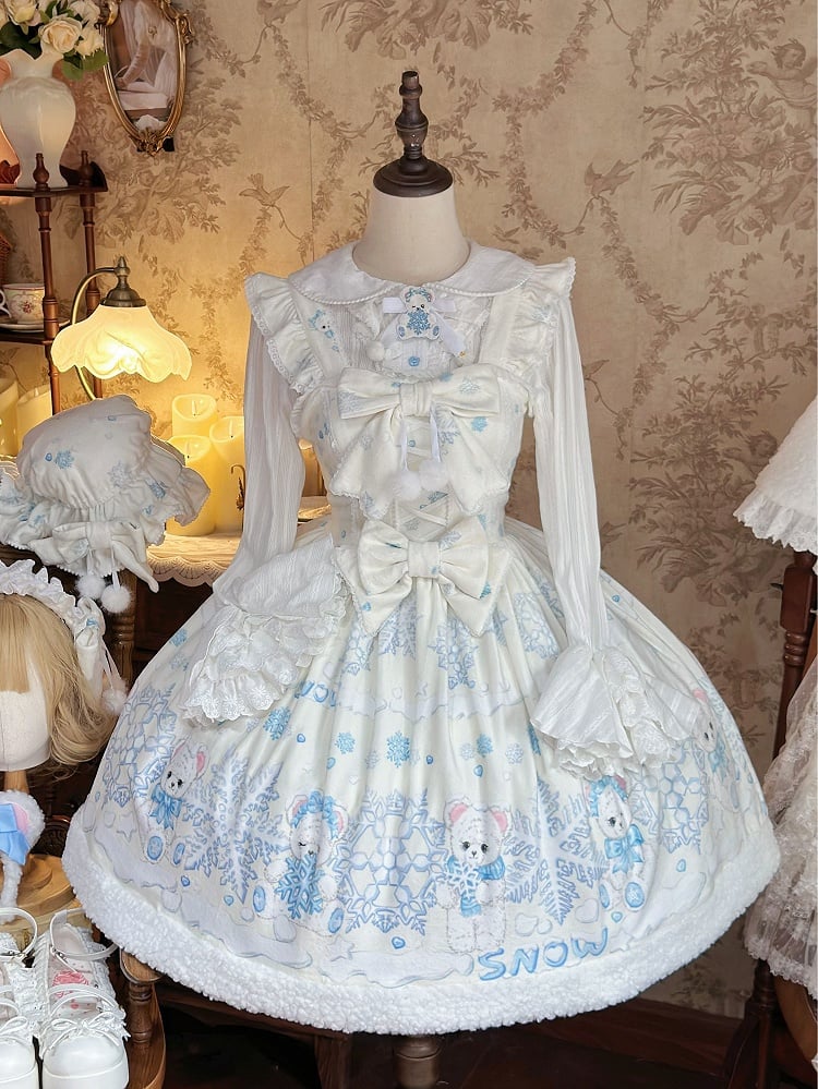 Sweet Winter Lolita Snowy Teddy Print Off-white Dress JSK Full Set
