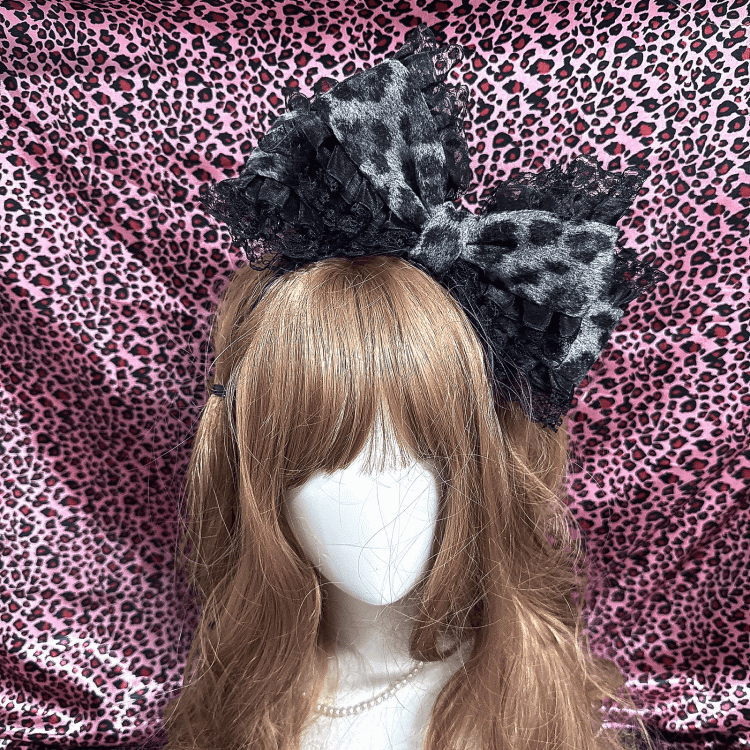 Black Leopard Lace / Trim Bow KC Print Big Gray with Gyaru