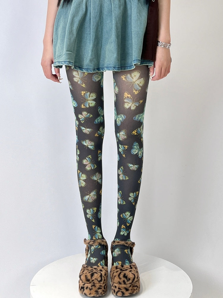 Yellow/Black Butterfly Print Tights