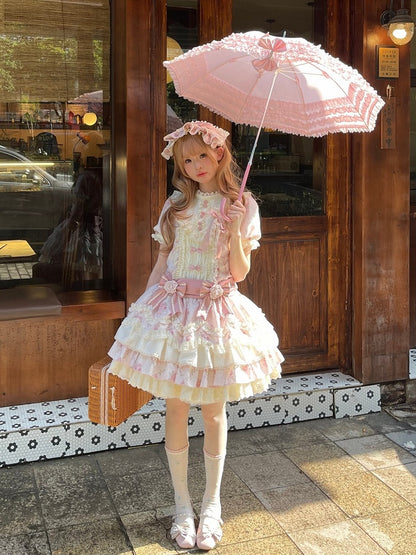 Pink Floral OP Dress with Bow and Lace Accents - Sweet Dream Box