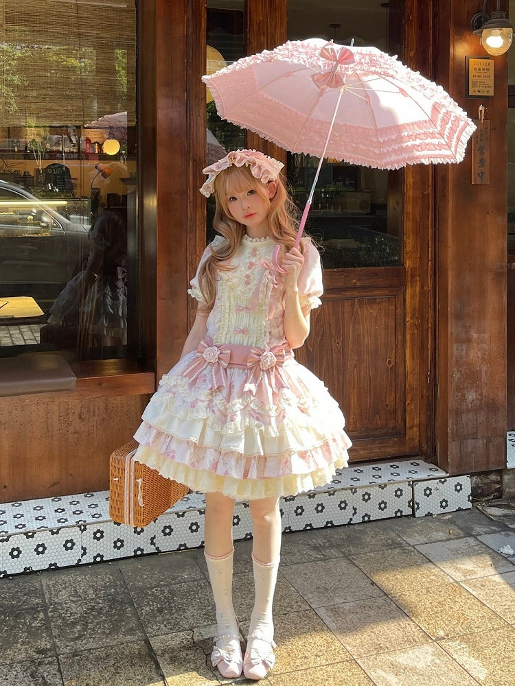 Pink Floral Print Short Sleeve OP Dress with Bow - Sweet Dream Box