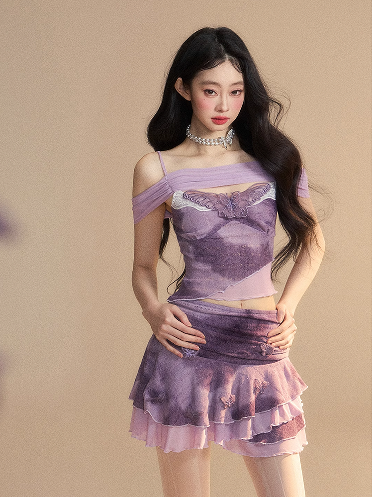 Ausschnitt Schmetterling Stickerei Top/Schmetterling Akzente Applikation Glamourös Stufenrock Lavendel Off-the-shoulder
