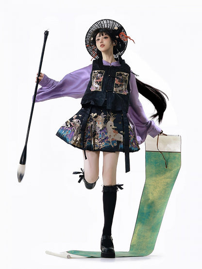 Black Chinoiserie Embroidered Short Skirt - Zao Jing Ji