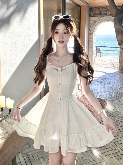 White Lace Detail Summer Holiday Dress - Qchiwawameme