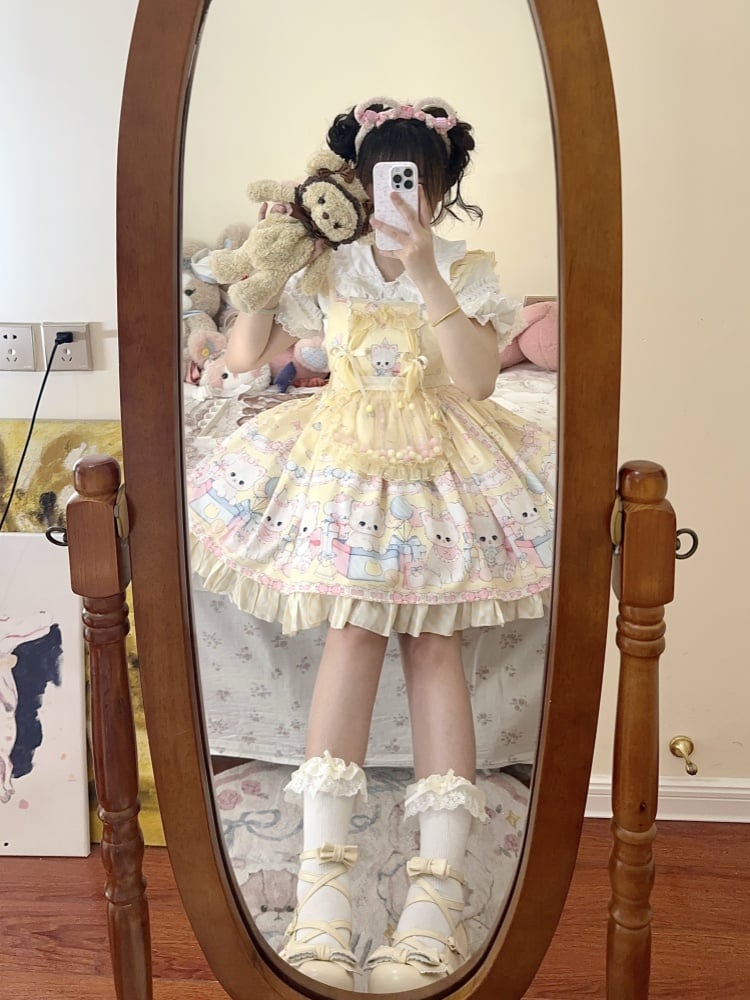 黄色いキティと水玉模様のスイートロリータオーバーオールドレス