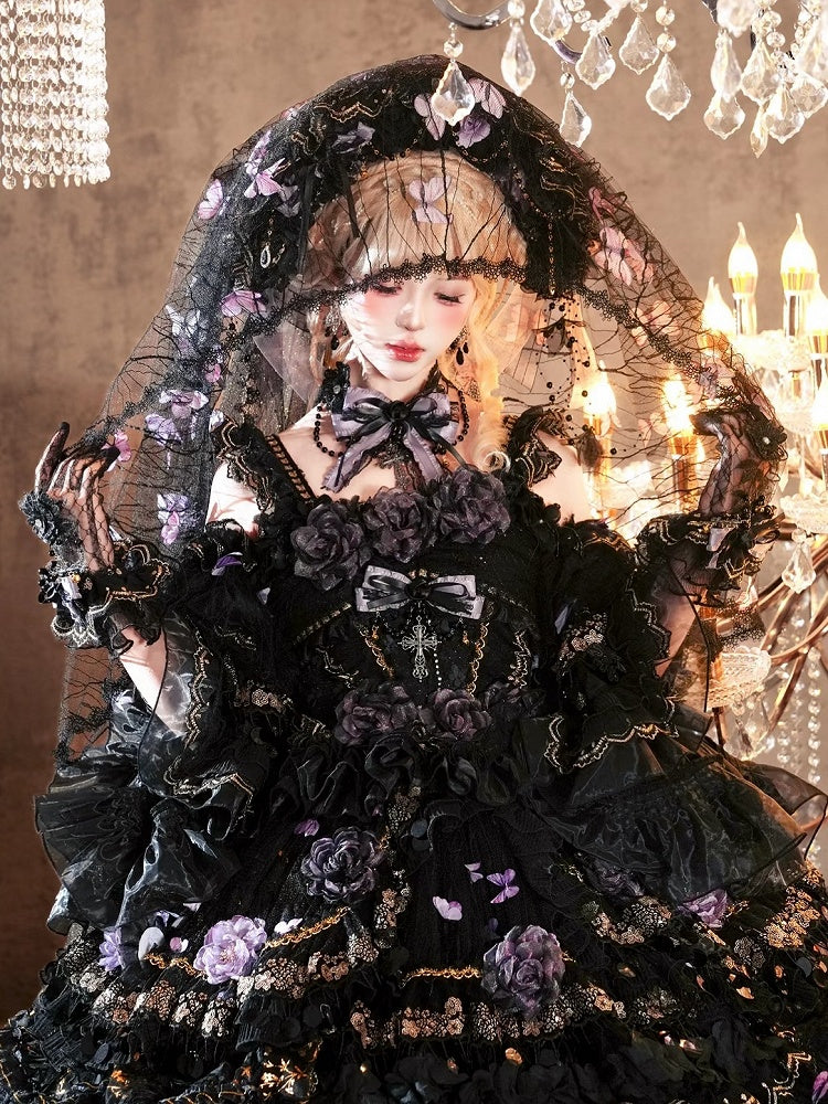 Floral Design Beaded Hanayome Lolita Bonnet with Butterfly Veil - Cat Fairy Lolita