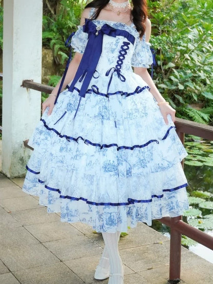 Dress Porcelain-Inspired 120CM-Length Blue Princess White Hanayome-Style Elegant Lolita