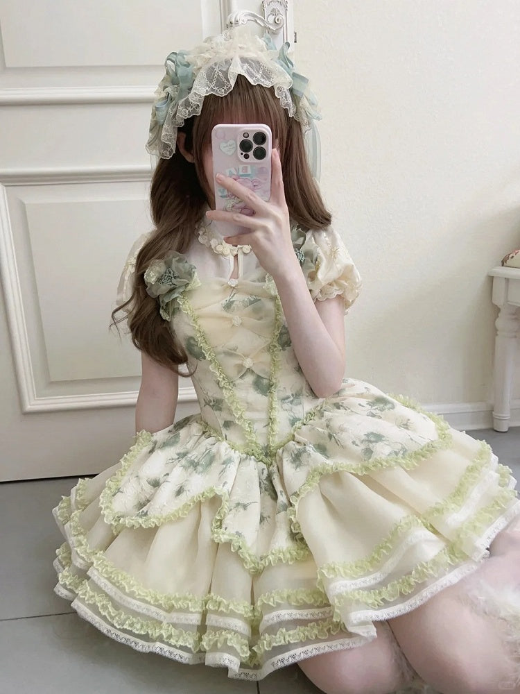 Layered Skirt Lace Green Trimmings Princess with Ruffles Floral-Print and Lolita Jumper