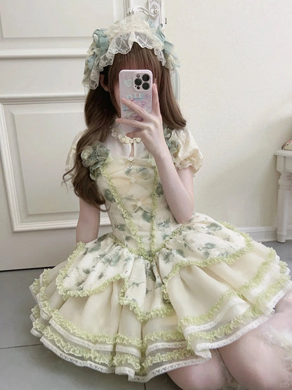 Layered Skirt Lace Green Trimmings Princess with Ruffles Floral-Print and Lolita Jumper