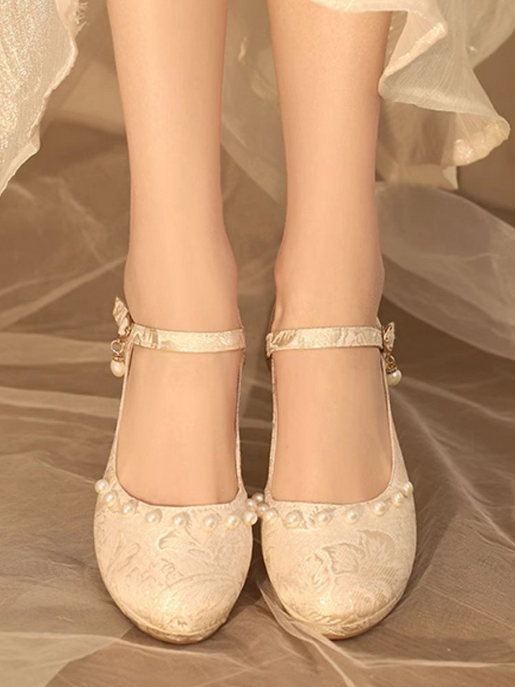 Beige Heels Muster Lolita Floral Block Mid Details Perlen Qi Satin -