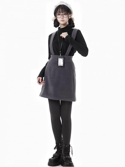 Dark Grey Detachable Shoulder Straps Overall Woolen Short Skirt