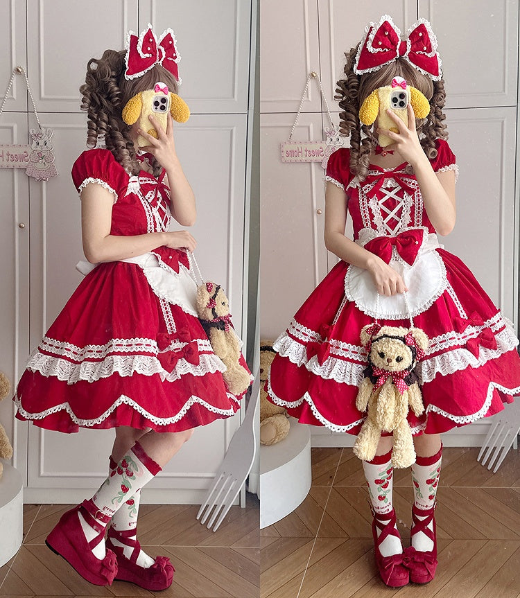 Old School Stück und Quadrat Kleid Baumwolle Kurze Rote Puffärmel Ein Ausschnitt Lolita