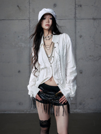Pleats White Wasteland Blouse Punk Pintuck Distressed with V-Neck