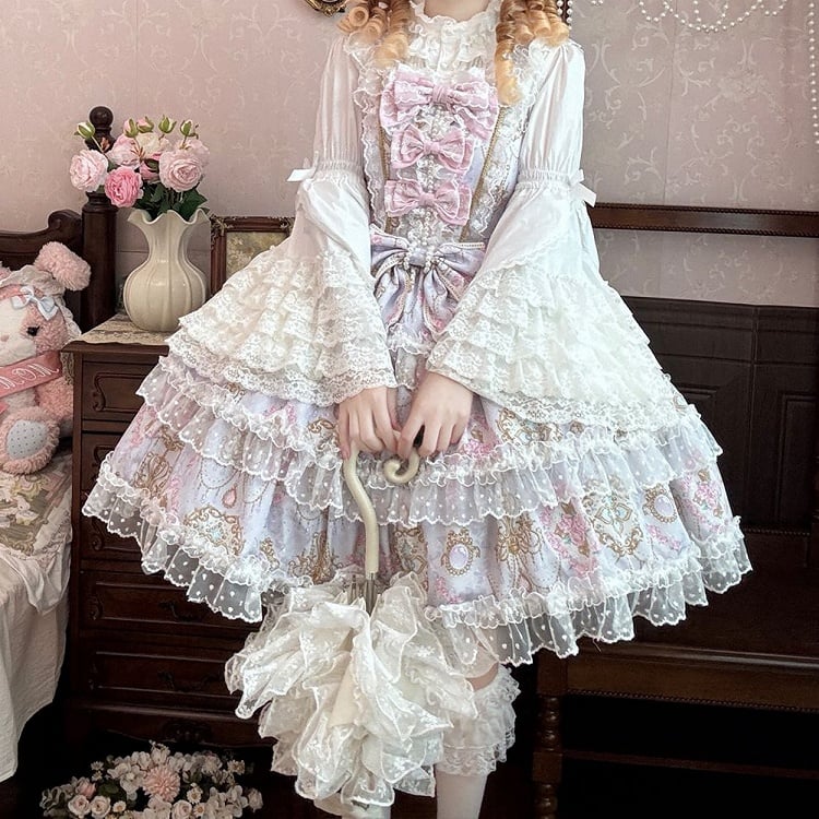Print Accents Floral Bow JSK Lolita and with Chandelier Crystal Purple