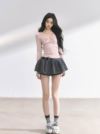 Details Neckline Ruched Light Pink Bead Design Top