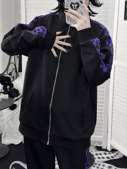 Sporty Jirai Kei Black & Purple Leopard Print Pants - Puzzles