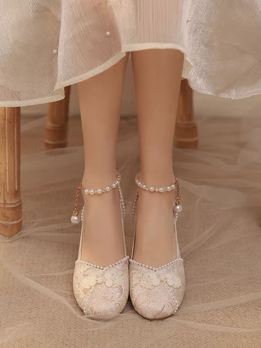 Frog Beige Accent Strap Ankle Qi Beaded Lolita Shoes Button Mid-heel
