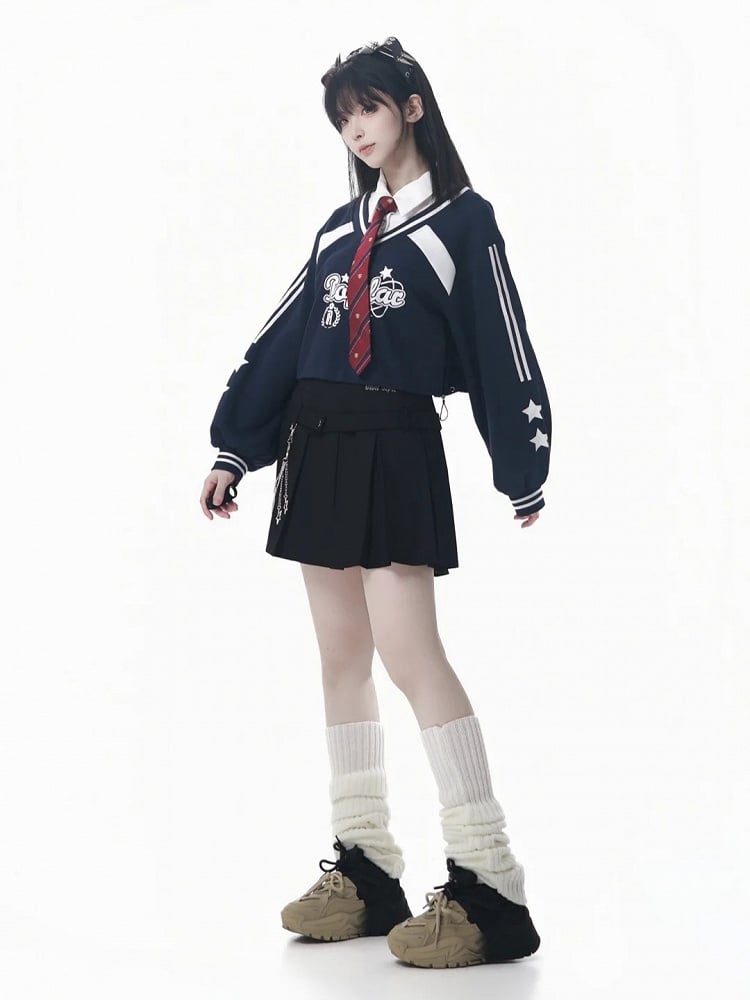 with Collegiate Version Faux Wine Long/Short Blue Star Sweatshirt Red/Navy Two-Piece Print in