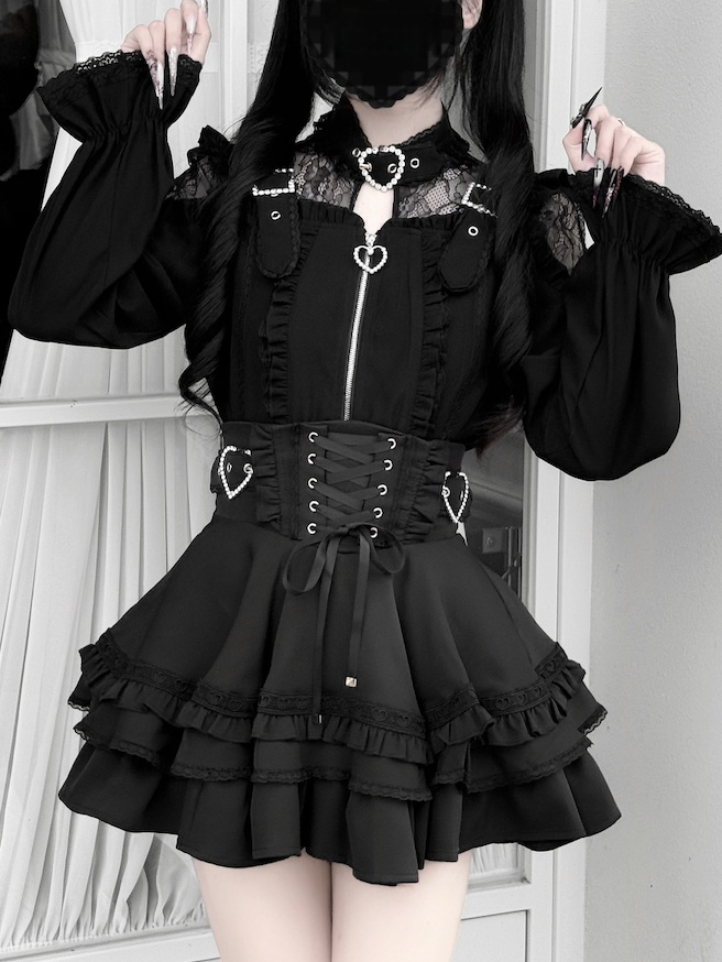Jirai Kei Black Long Sleeve Zip-Up Top with Lace Shoulder Cutouts and Illusion Buckle Neckline