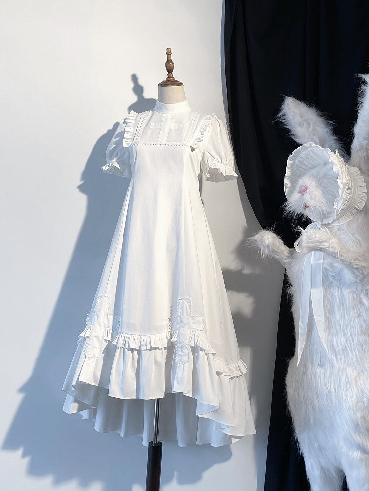 White Gothic Lolita High-Low Ruffled Dress with Cross Patches - Blossom Herald