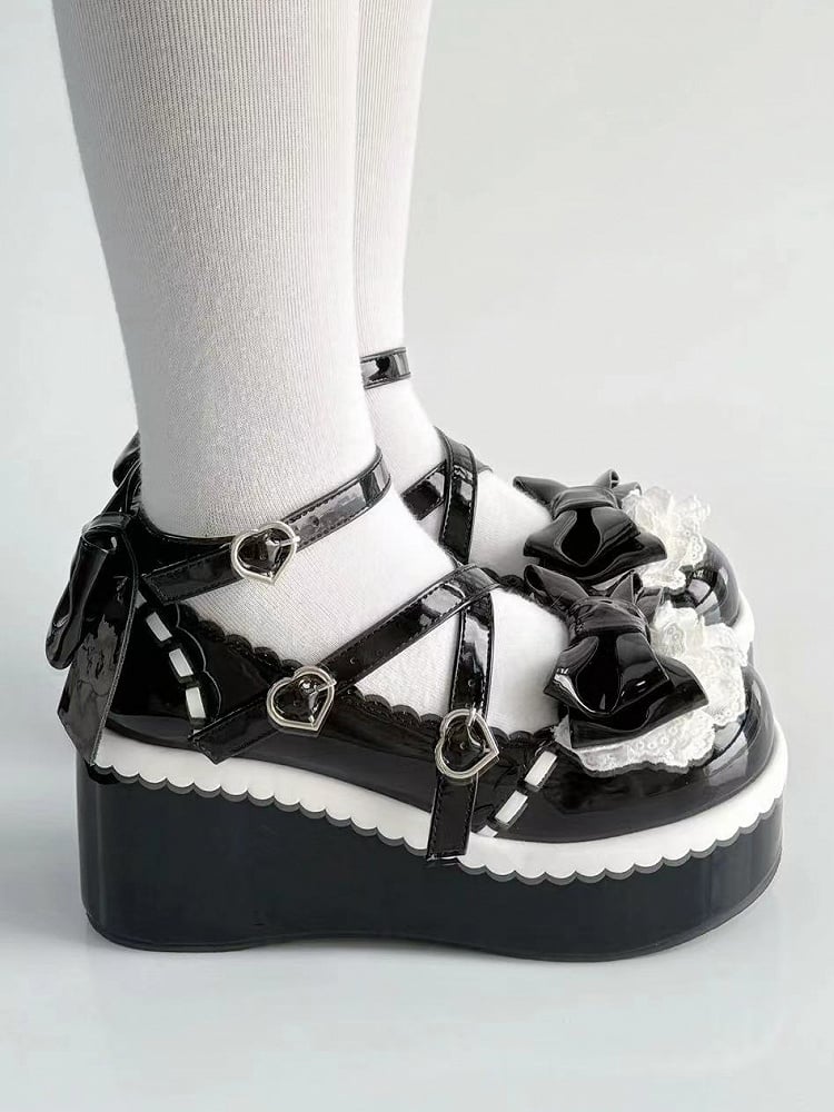 Black Design Sweet Platforms Scalloped Edge PU - Leather