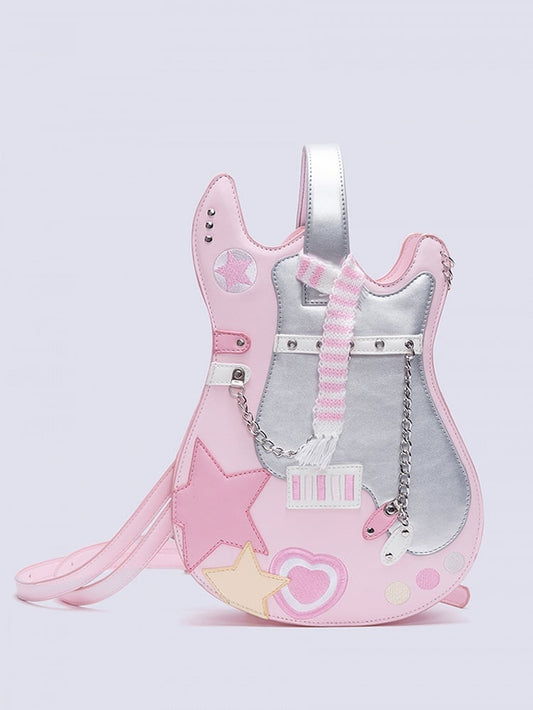 Design Bag Guitar-shaped Pink Silver Star Sweetheart Embroidered