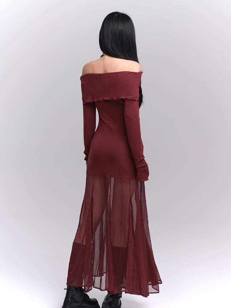 Wine Red Semi-sheer Off-the-shoulder Neckline Glamorous Dress