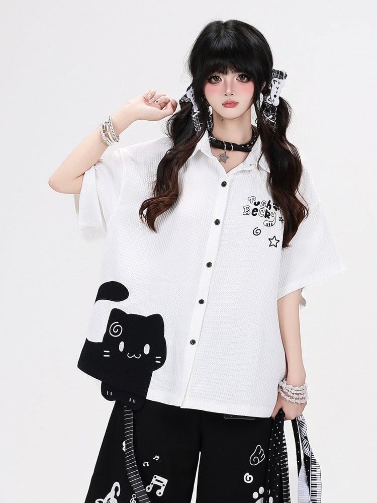 White Casual Kawaii Short Sleeve Shirt with Kitten Print - CRAZY GIRL