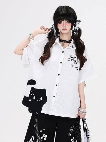 White Casual Kawaii Short Sleeve Shirt with Kitten Print - CRAZY GIRL