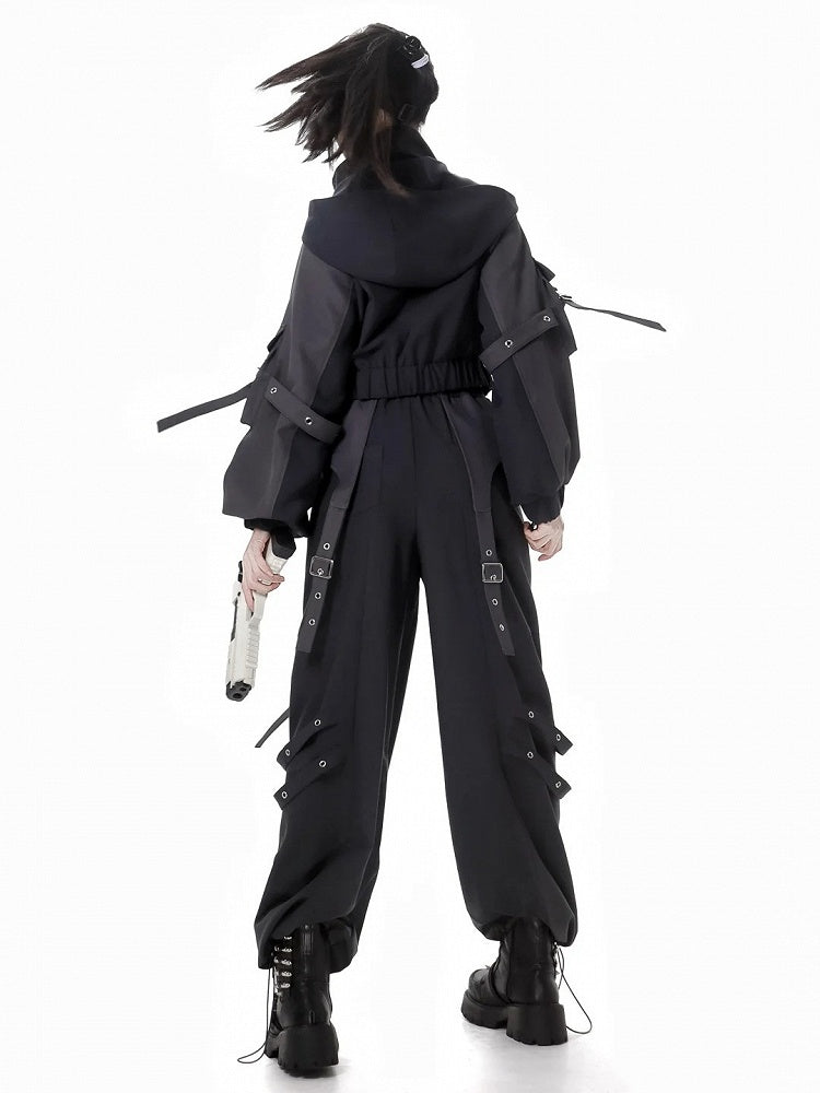 Black Buckle Straps Elastic Waist Cargo Pants