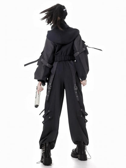 Black Buckle Straps Elastic Waist Cargo Pants