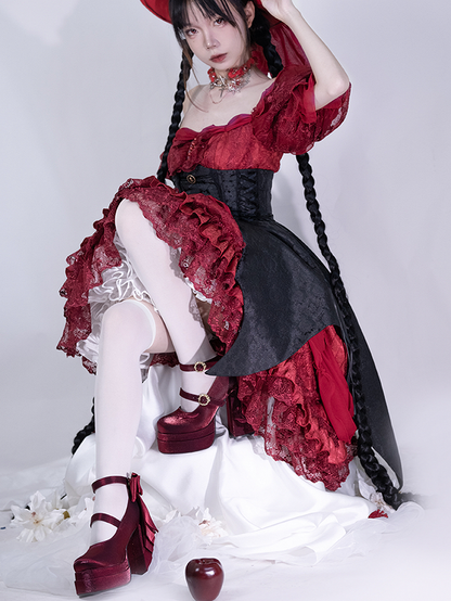 Janes High Platform Block Valley of Wine Lily Red Embroidery Mary Heel Bowknot the Detachable