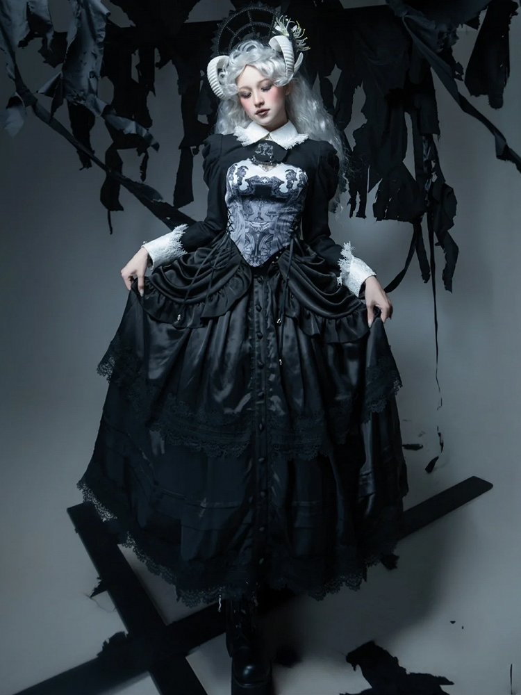 Boned High-Waist Gothic Skirt with Detachable Overlay