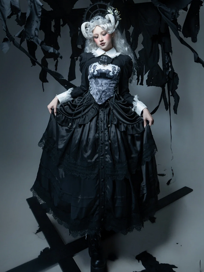 Boned High-Waist Gothic Skirt with Detachable Overlay