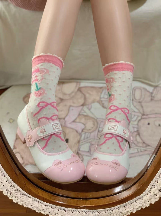 - with Lolita Low Pink PU Round Heels Leather Toe Sweet