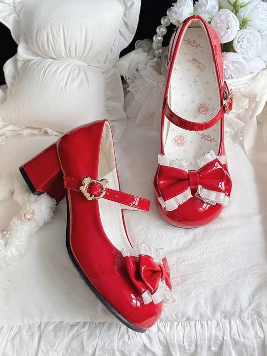 in Details PU at Lolita Red Lace Top Shoes with Mid-heel Sweet Bow