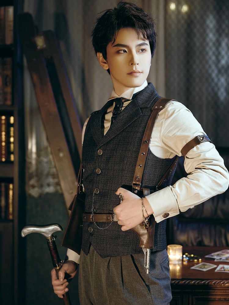 Karierte dunkle Weste Grau Steampunk