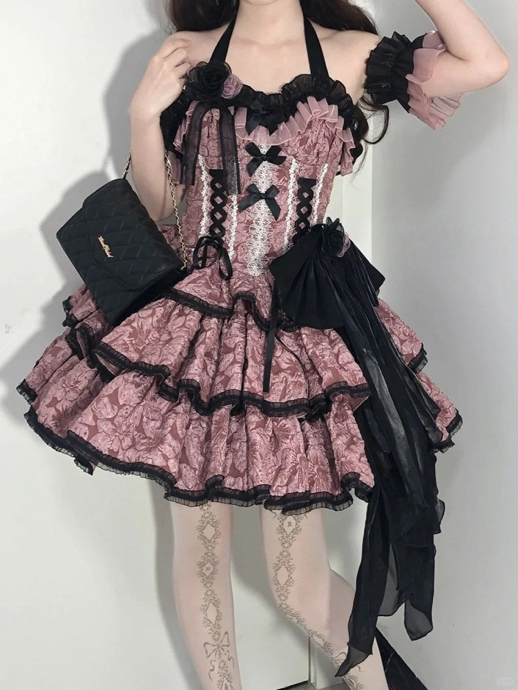 Lolita JSK with and Pink Texture Floral Dark Dress Black Skirt Multi-Layered
