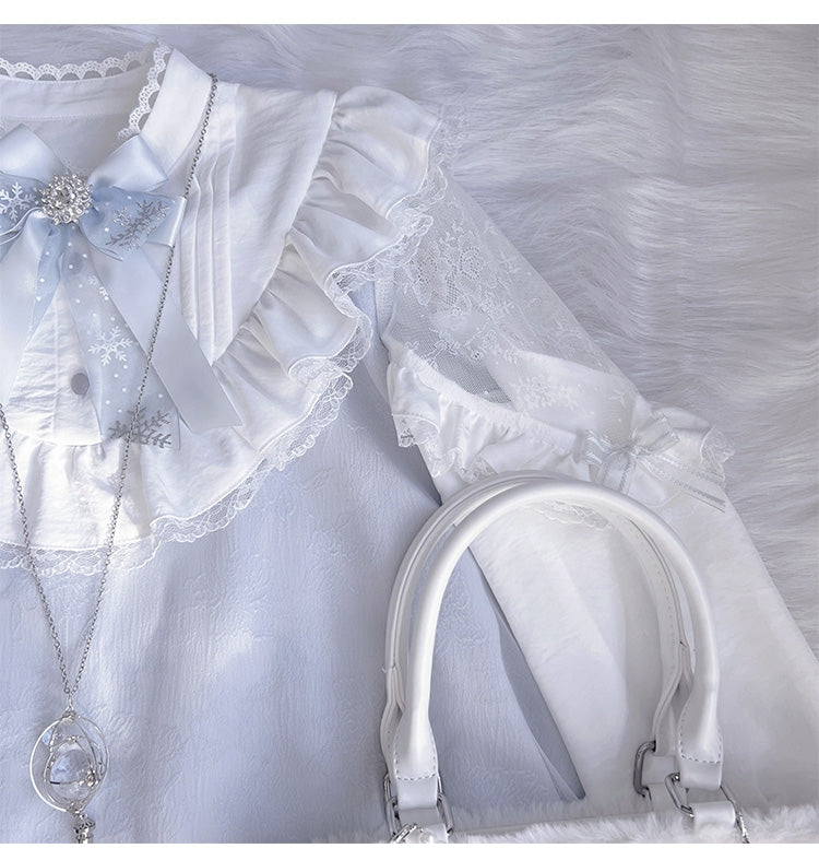 ジライケイ ライトブルー レースパッチショルダー ランドマインスタイル レーストリム ロングスリーブドレス