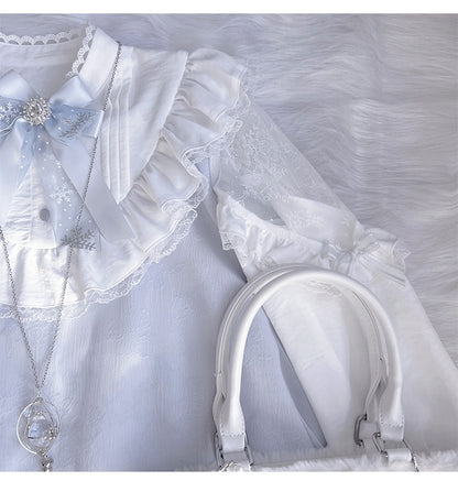 ジライケイ ライトブルー レースパッチショルダー ランドマインスタイル レーストリム ロングスリーブドレス