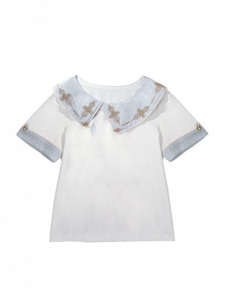 Light Blue & White Lolita Top with Asymmetrical Collar and Short Sleeves - Xiong Dou Jiang