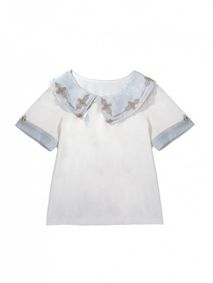 Light Blue & White Lolita Top with Asymmetrical Collar and Short Sleeves - Xiong Dou Jiang