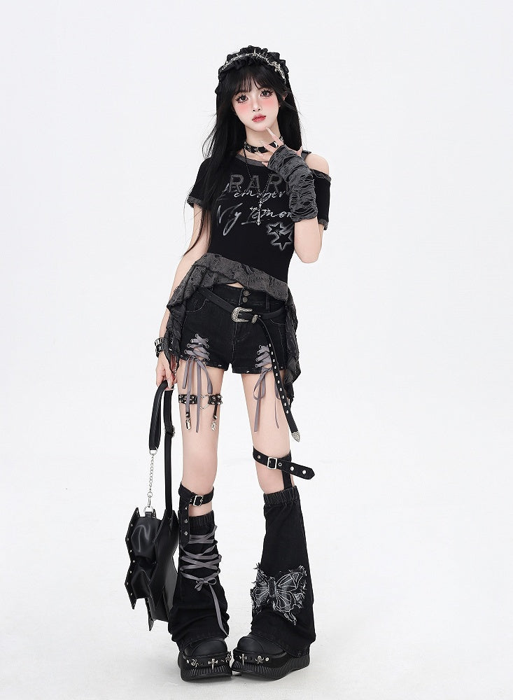 with Leg Hem Denim Shorts Lace-up Details Black Butterfly and Warmers Gray Applique