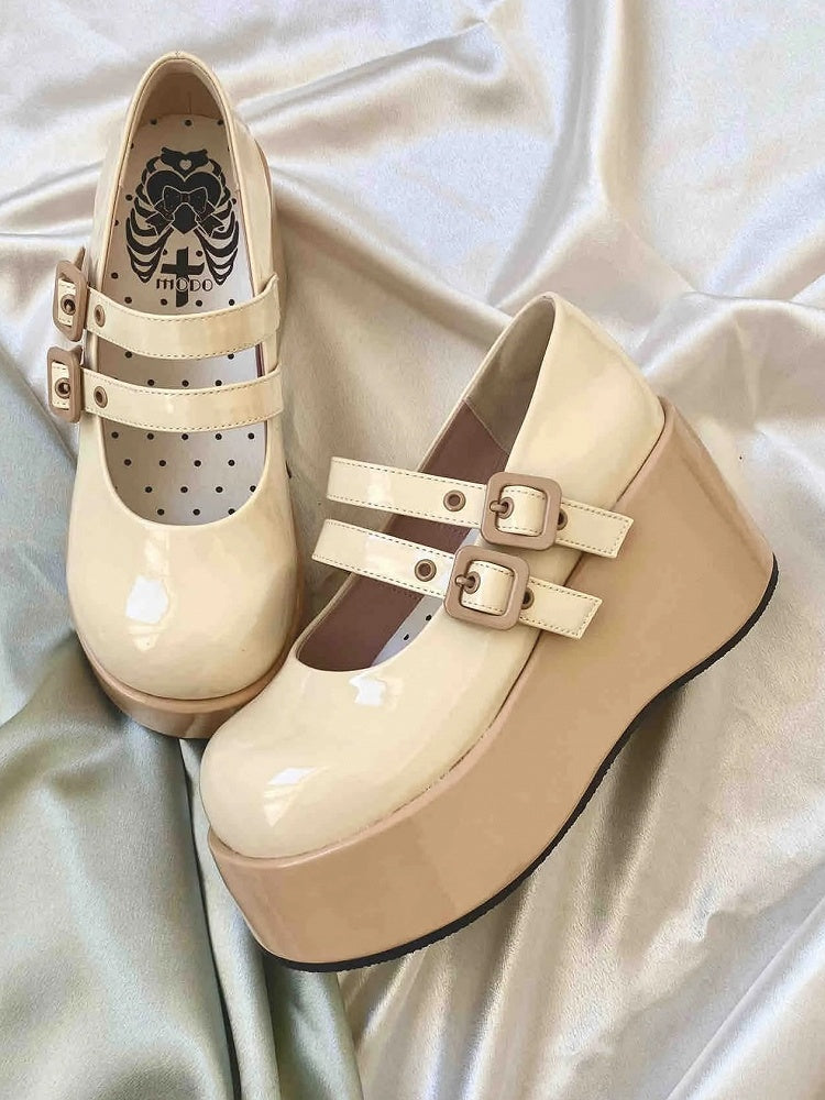 Platform Lolita Buckles Sole Yellow Sweet Brown Wedge Shoes with