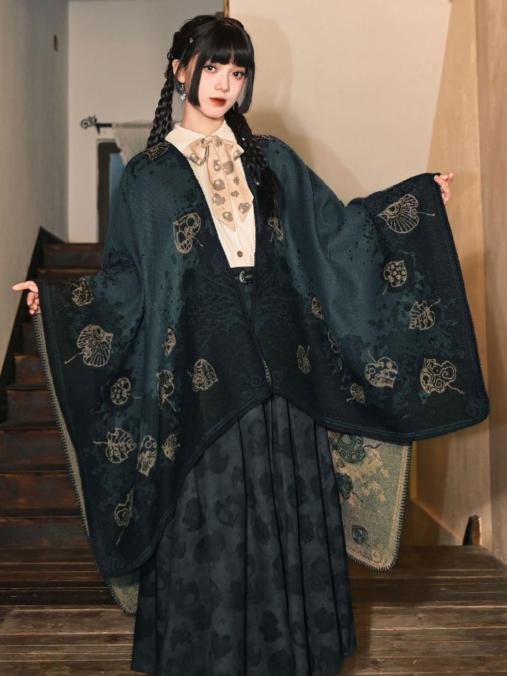 with Goth Design Open Leaf Green - Dark Cheongsam Style Print Placket Shawl